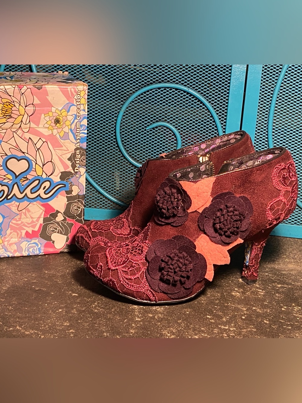 NIB Irregular Choice CHEEKY MOOSE shoe boot,burgundy suede,lace,floral appliqué